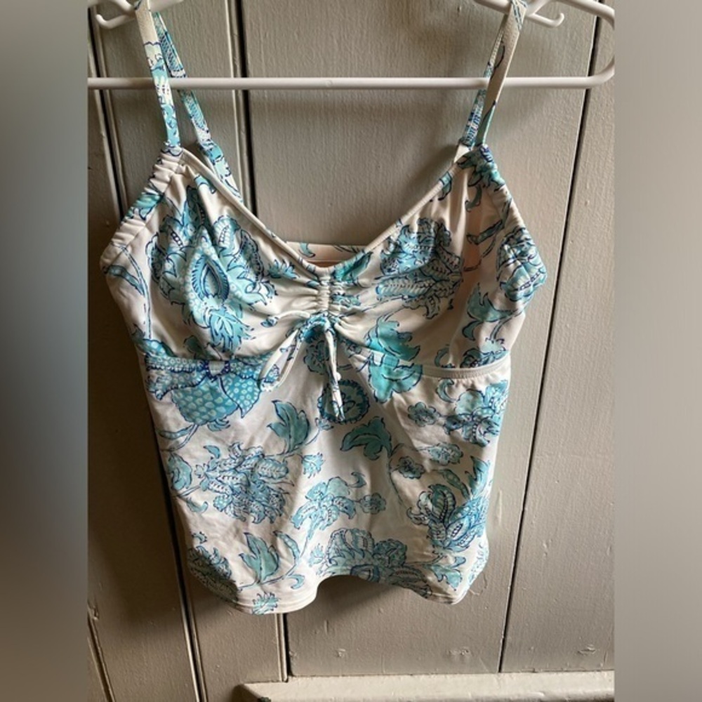 Lands End Womens Swimsuit Tankini Top White Aqua Print Underwire Ruched Tie 10
